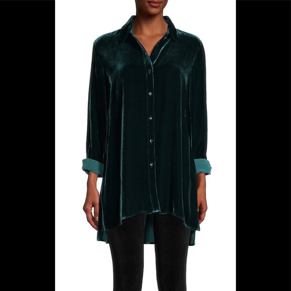 EILEEN FISHER Velvet Button-Up Tunic Shirt Deep Aegean Medium NWT